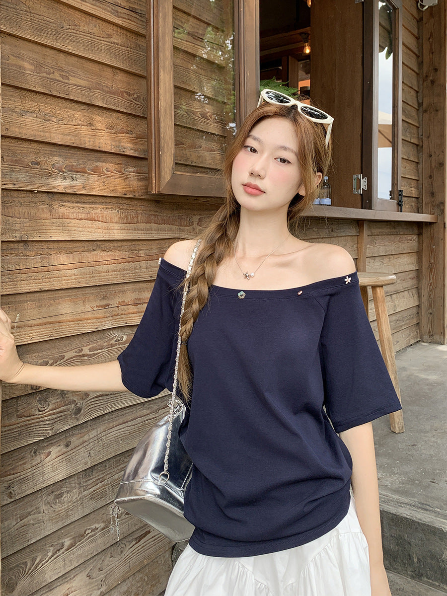 Korean Off-Shoulder Beaded T-Shirt Women Summer 2026