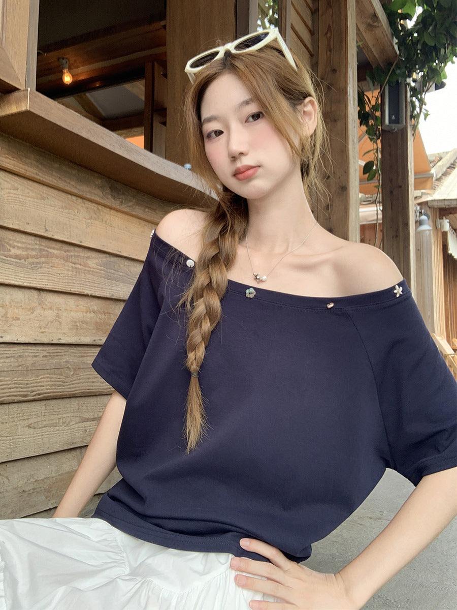 Korean Off-Shoulder Beaded T-Shirt Women Summer 2026
