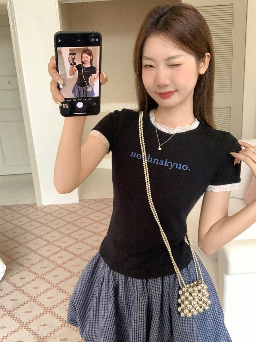 Lace Letter Print Shoulder T-Shirt Women Summer 2026
