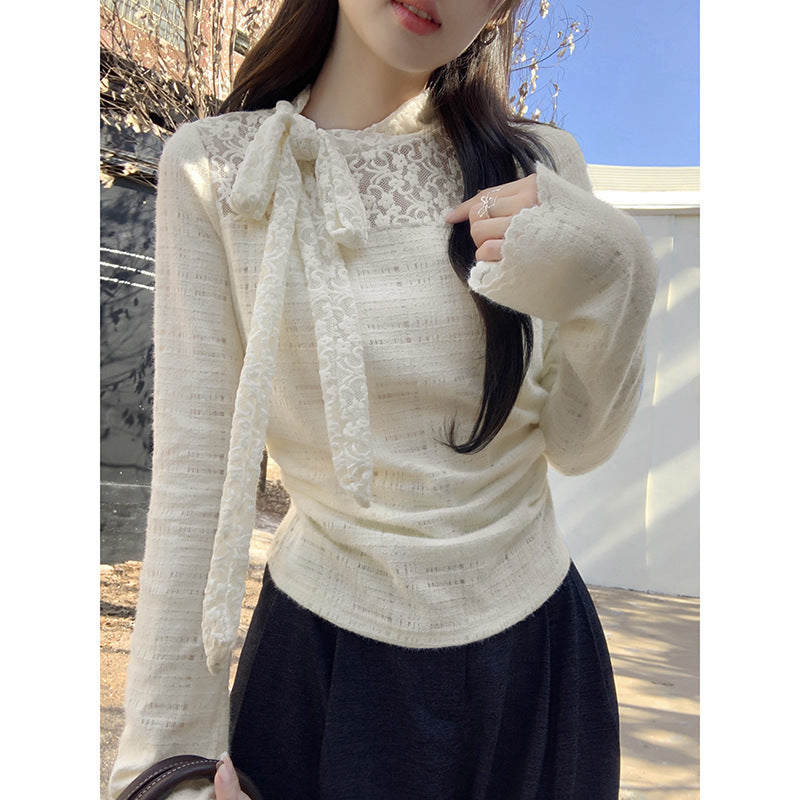 French Lace Half Turtleneck Top Women Autumn Winter 2026