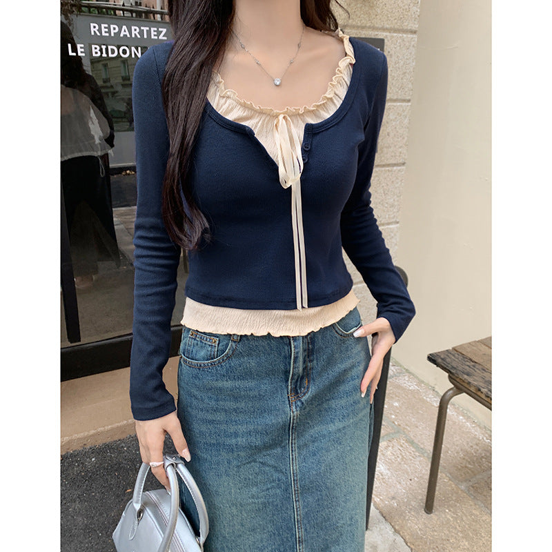 Navy Blue Lace Two-Piece Slim T-Shirt Women Autumn 2026