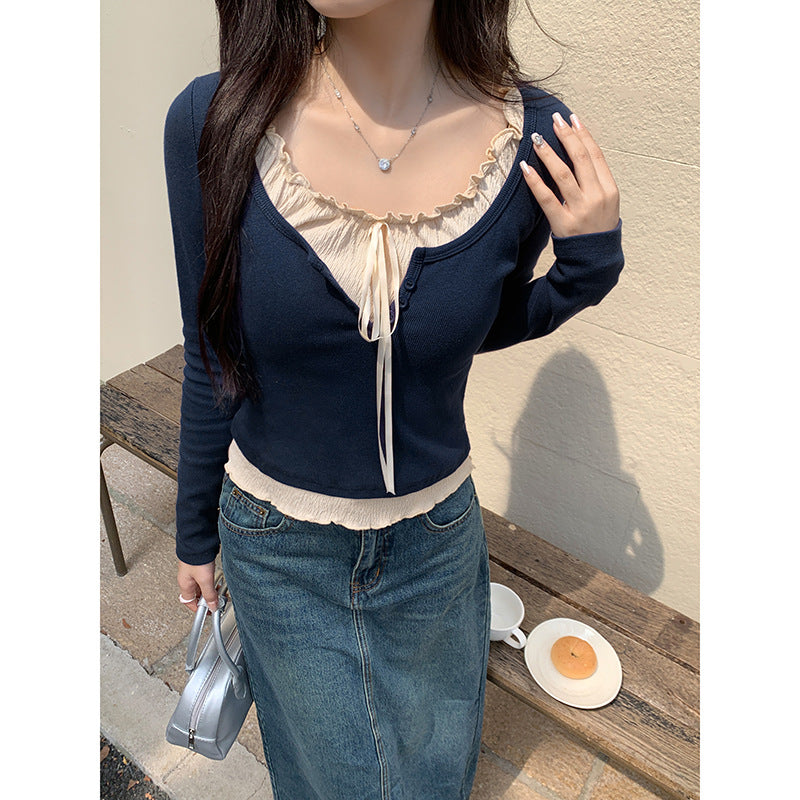 Navy Blue Lace Two-Piece Slim T-Shirt Women Autumn 2026