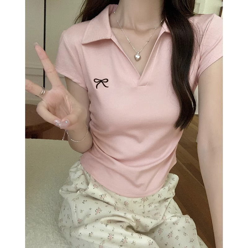 Lapel Bow Embroidered Polo T-Shirt Women Summer 2026