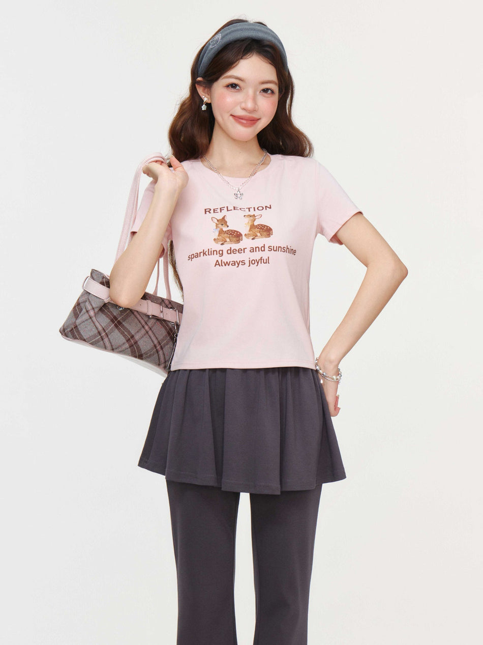 Pink Korean Print Slim T-Shirt Women Summer 2026