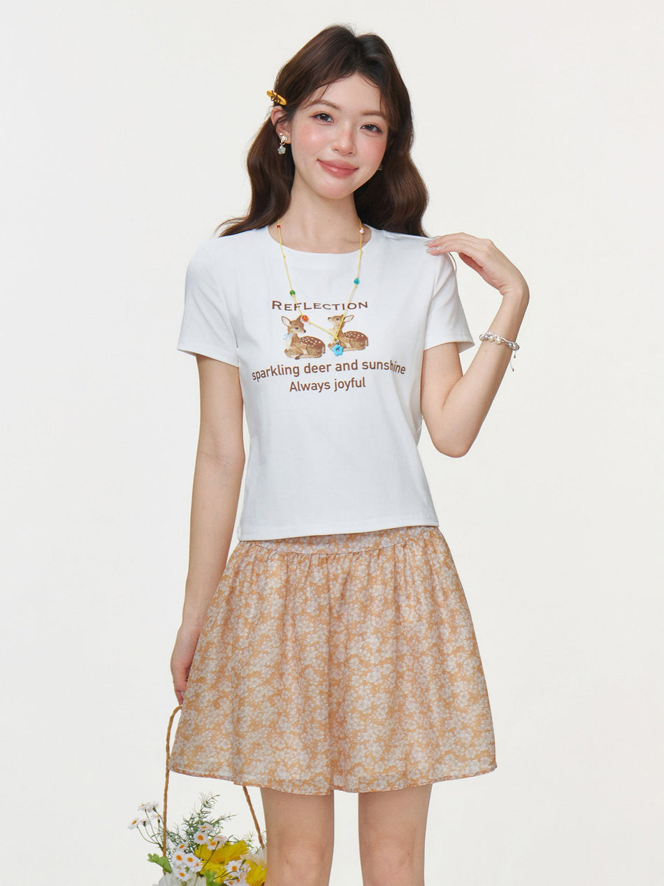 White Cartoon Print Slim T-Shirt Women Summer 2026