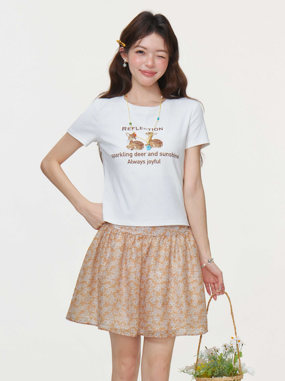 White Cartoon Print Slim T-Shirt Women Summer 2026