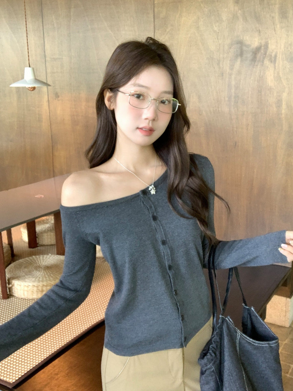 Dark Gray Off-Shoulder Knit Cardigan Women Fall 2026
