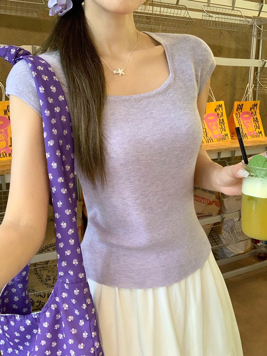 Purple Square Neck Knit T-Shirt Women Summer 2026