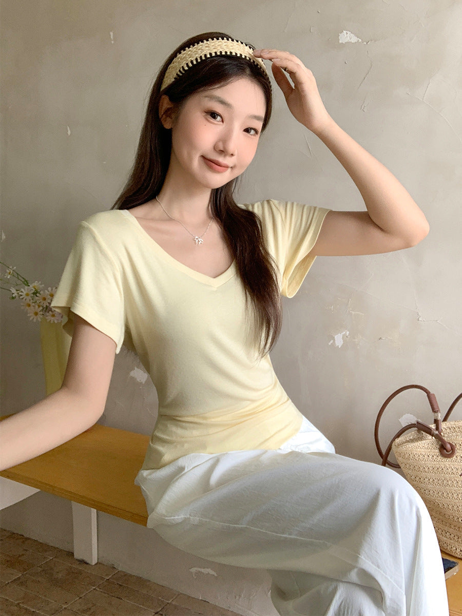 Yellow V-Neck Basic T-Shirt Women Summer 2026