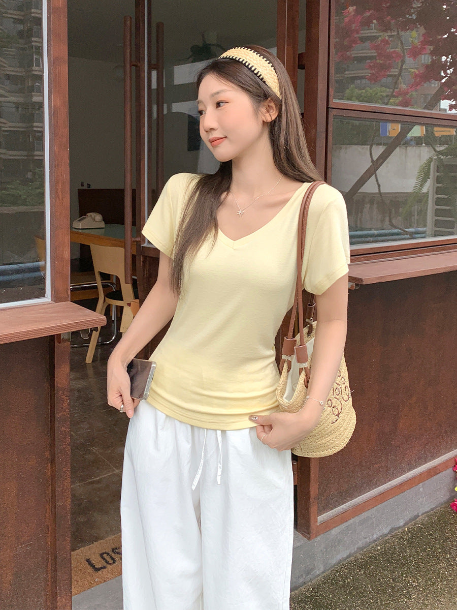 Yellow V-Neck Basic T-Shirt Women Summer 2026