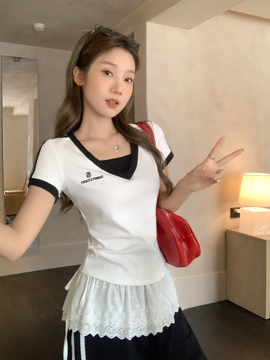 Korean Stripe V-Neck Two-Piece T-Shirt Women Summer