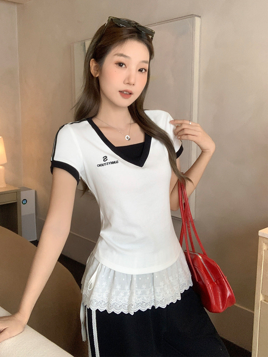 Korean Stripe V-Neck Two-Piece T-Shirt Women Summer
