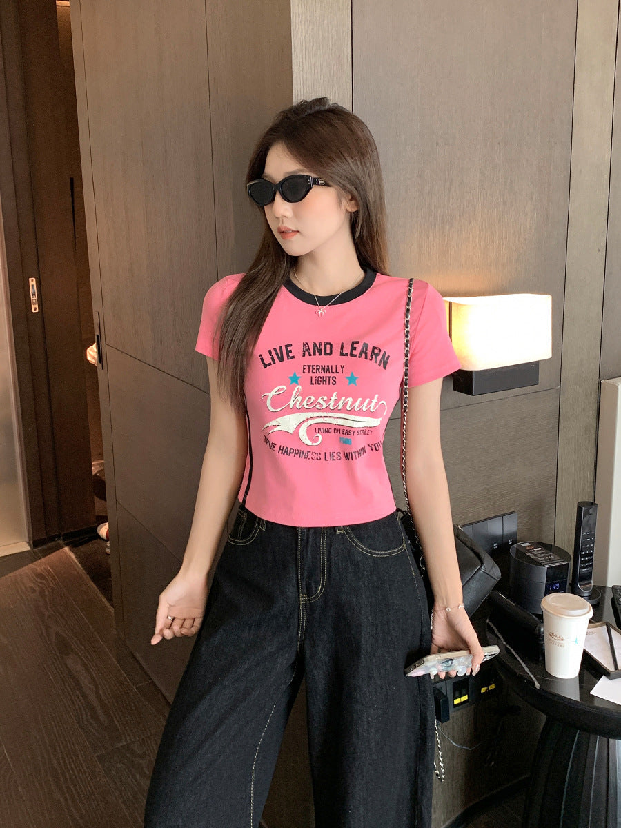 Pink Letter Print T-Shirt Women Summer 2026