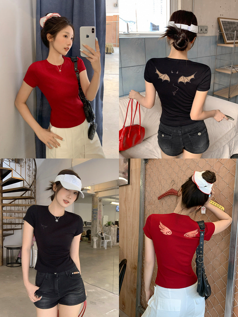 Black Devil Embroidery T-Shirt Women Summer 2026