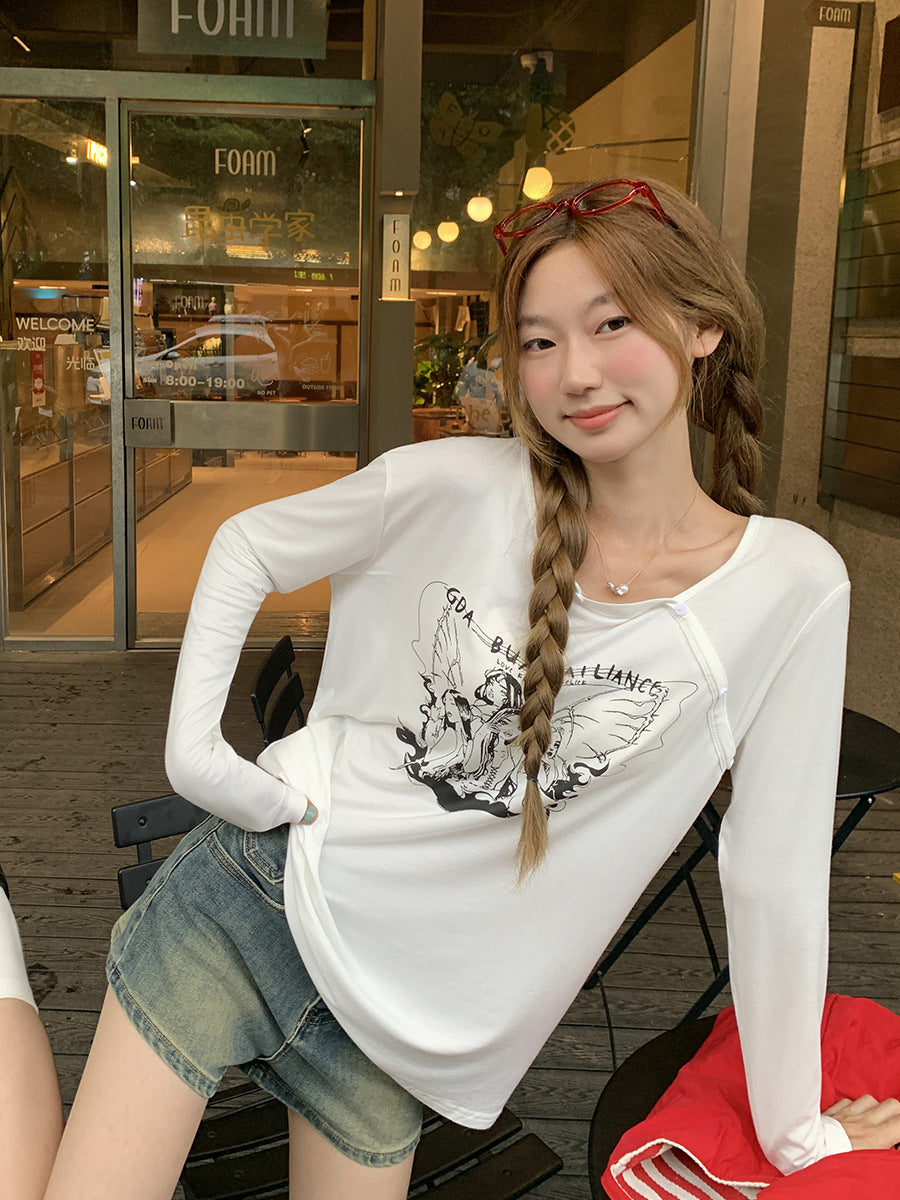 White Anime Print Sun Protection Top Women Summer 2026