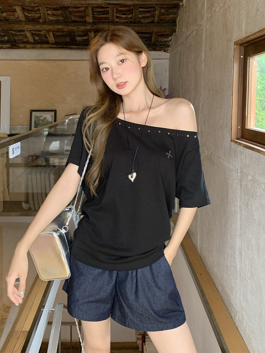 Rhinestone Off-Shoulder T-Shirt Women Summer 2026