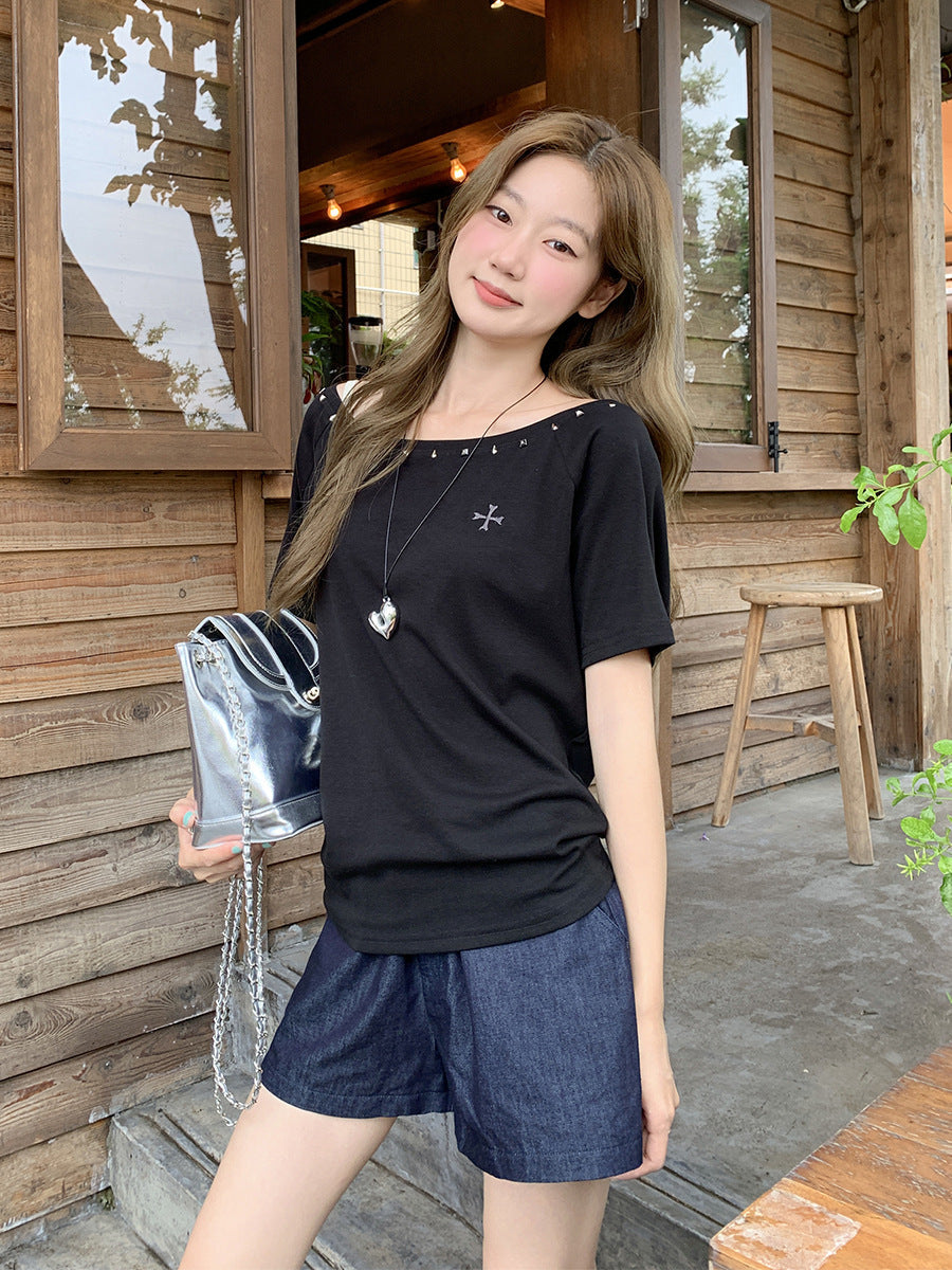 Rhinestone Off-Shoulder T-Shirt Women Summer 2026