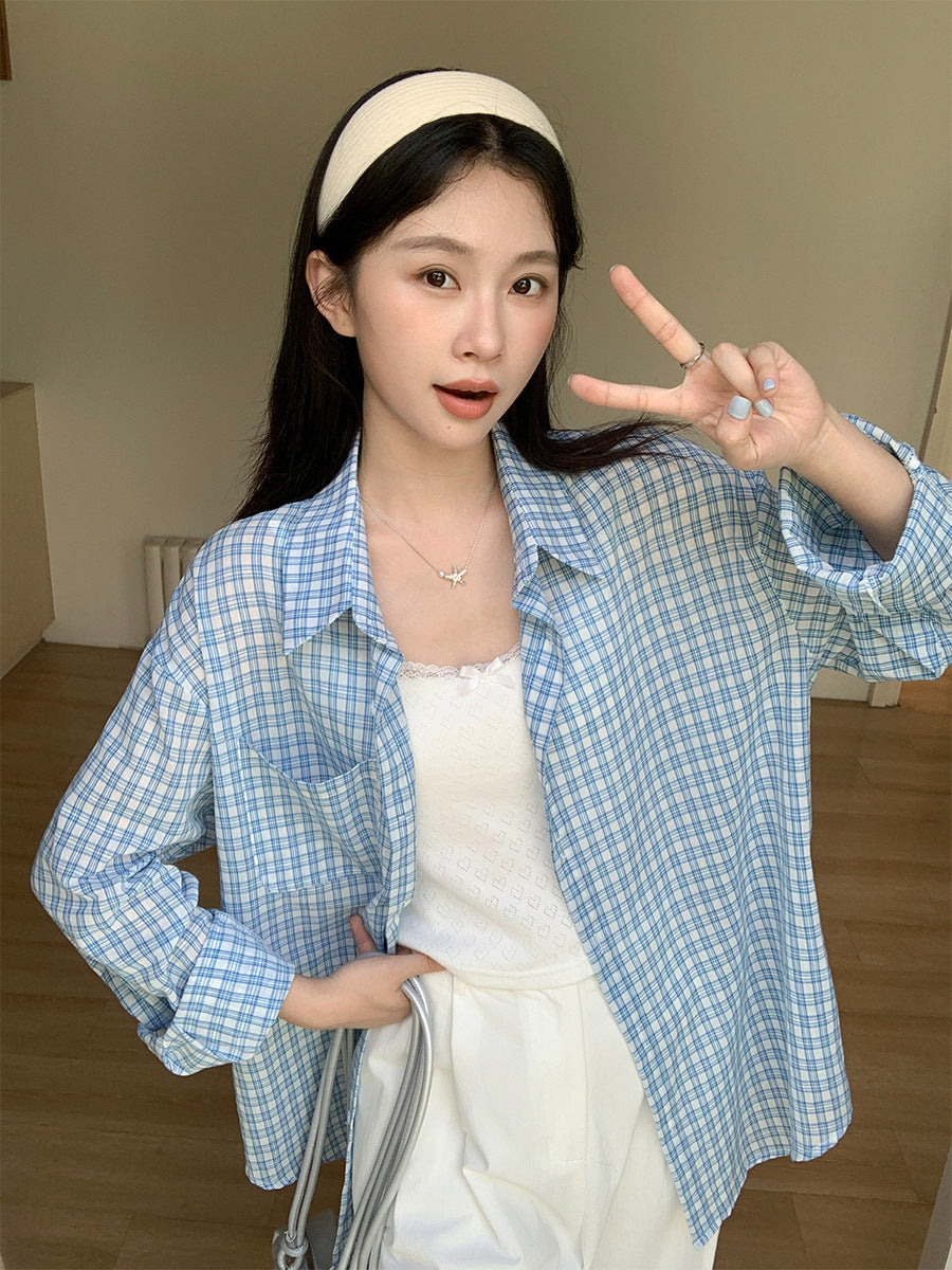 Women’s Blue Plaid Loose Fit Long Sleeve Shirt
