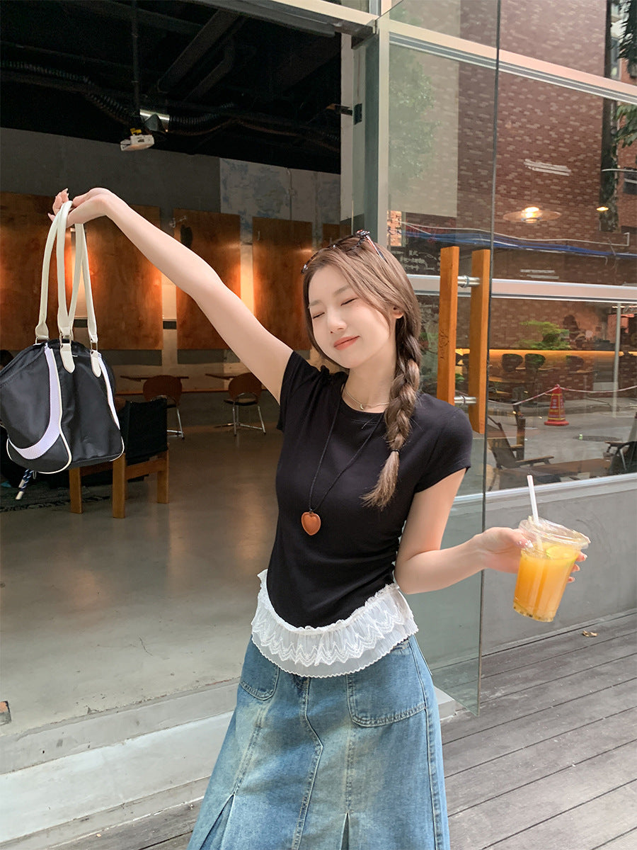 Women’s Lace Hem Pleated Short Sleeve T-Shirt