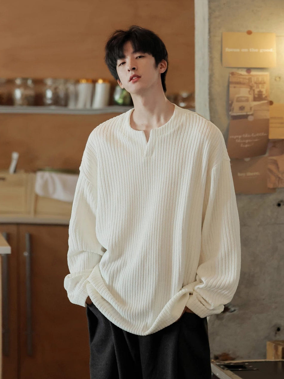 Men’s V-Neck Long Sleeve T-Shirt – Korean Style