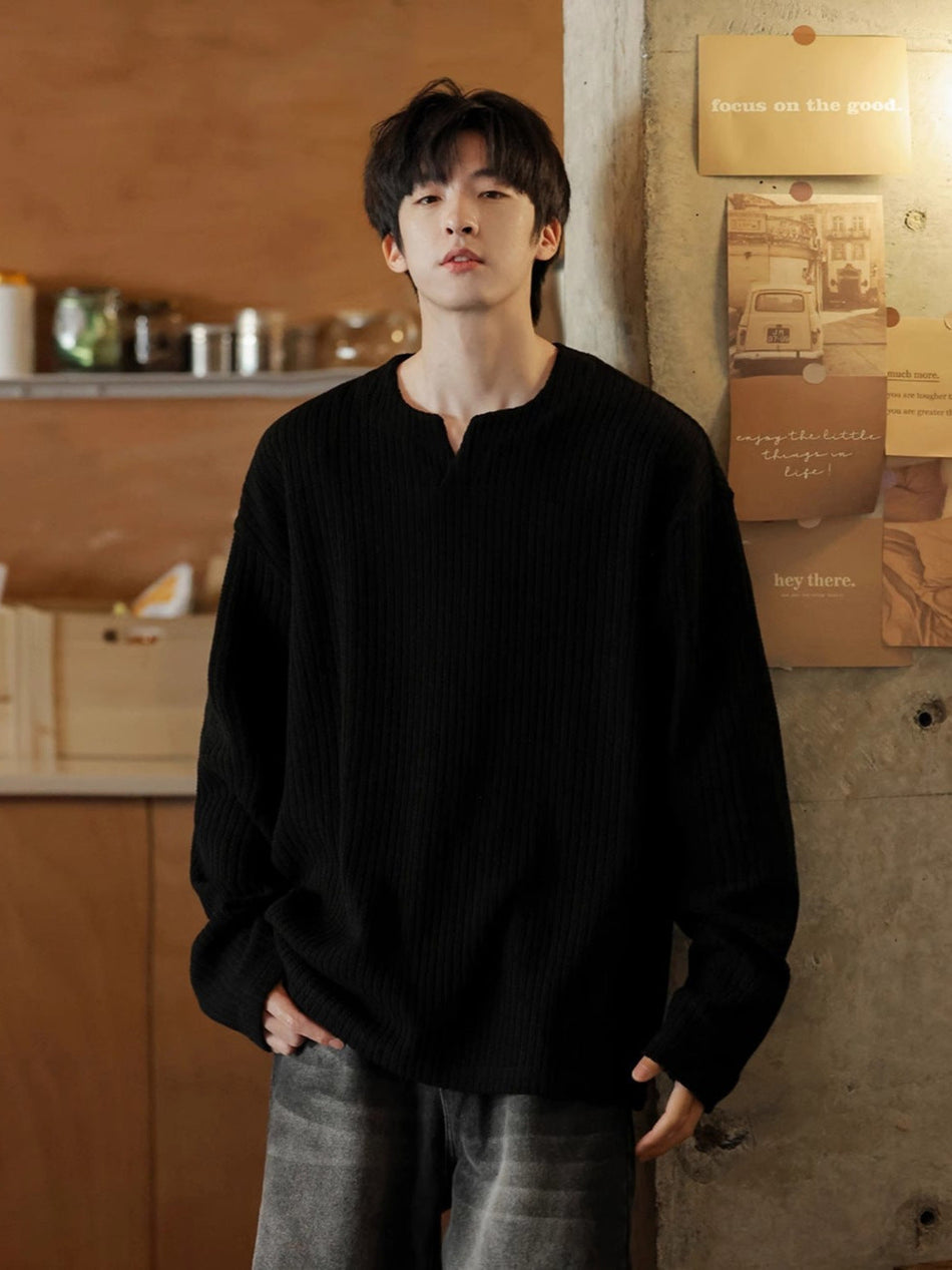 Men’s V-Neck Long Sleeve T-Shirt – Korean Style