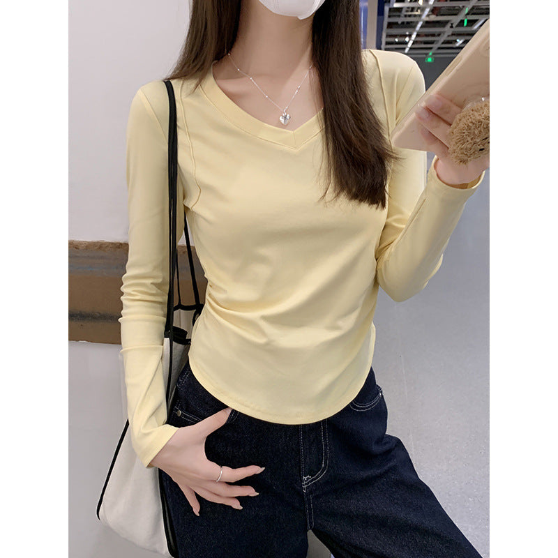 Women’s V-Neck Irregular Hem Pleated Slim Top