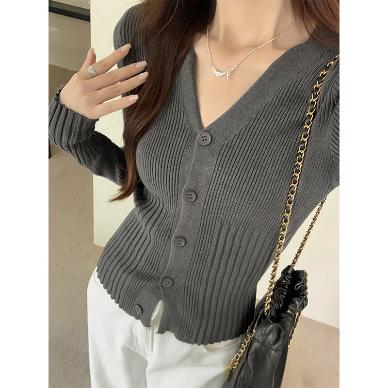 Women’s French Style V-Neck Slim Knit Cardigan Top