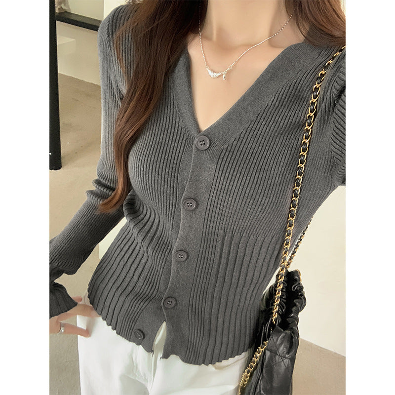 Women’s French Style V-Neck Slim Knit Cardigan Top