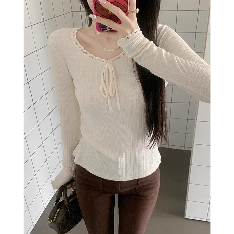 Women’s Apricot Bow Round Neck Knit Lace Top