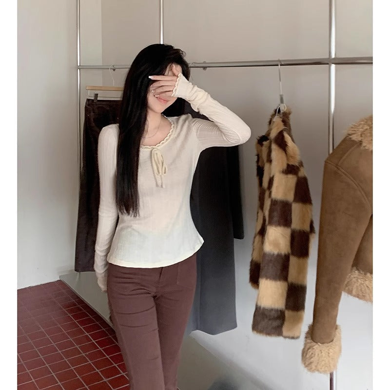 Women’s Apricot Bow Round Neck Knit Lace Top