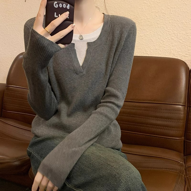 Women’s Dark Gray Knit Fake Two-Piece Slim Top