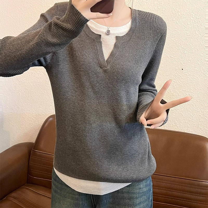 Women’s Dark Gray Knit Fake Two-Piece Slim Top