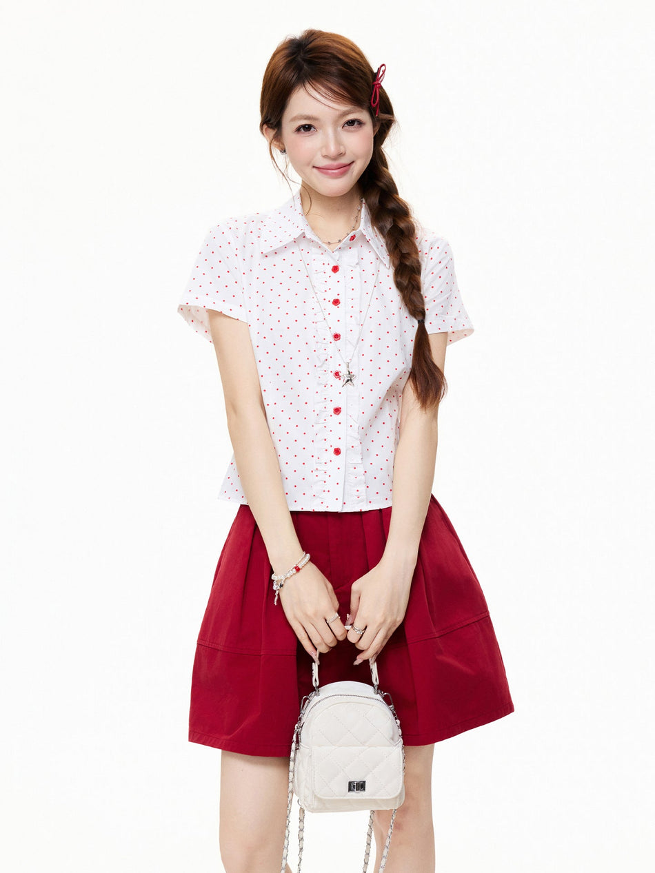 Women’s Red Polka Dot Polo Collar Puff Sleeve Top
