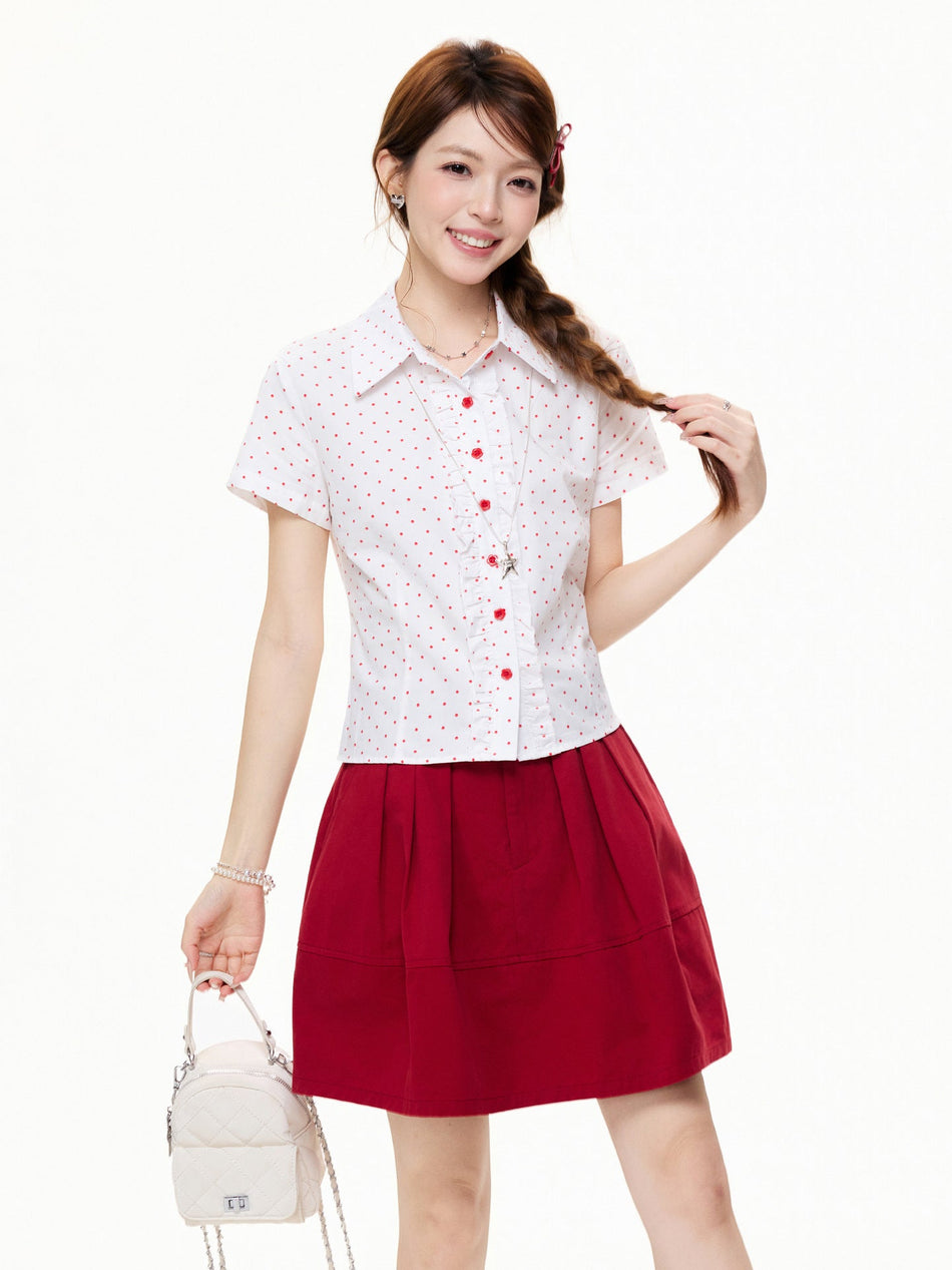 Women’s Red Polka Dot Polo Collar Puff Sleeve Top
