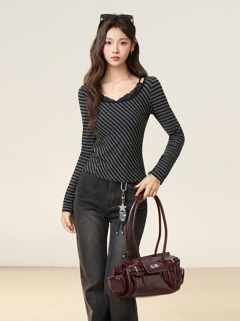 Women’s Black Grey Stripe Slim Fit Long Sleeve Top