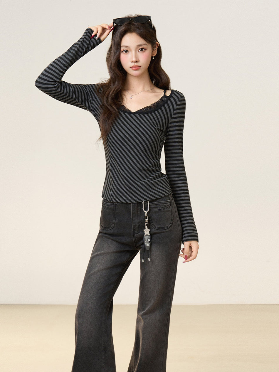 Women’s Black Grey Stripe Slim Fit Long Sleeve Top