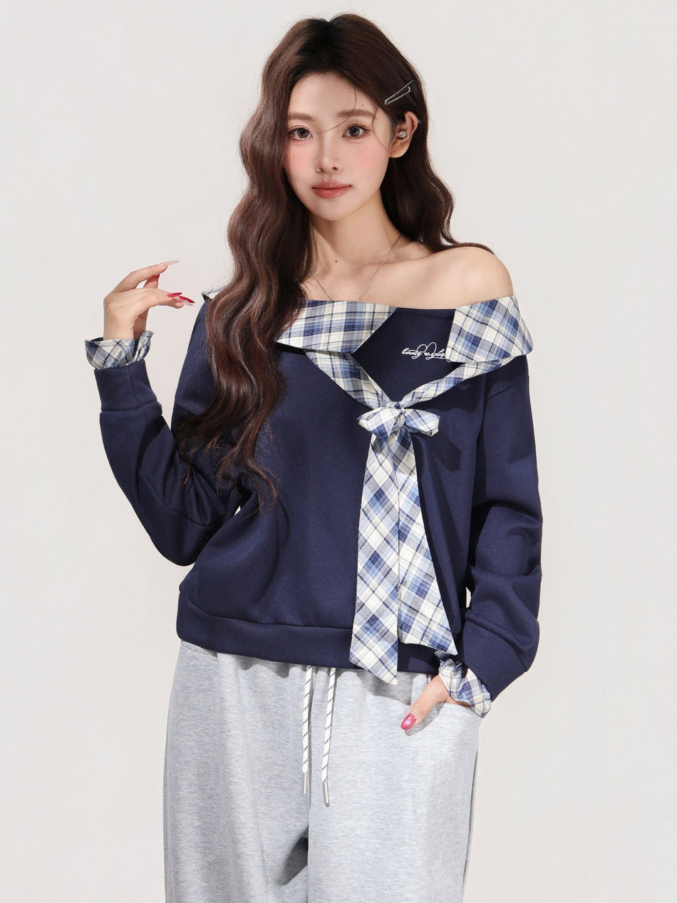 Women’s Blue Off-Shoulder Plaid Bow Sweatshirt Top
