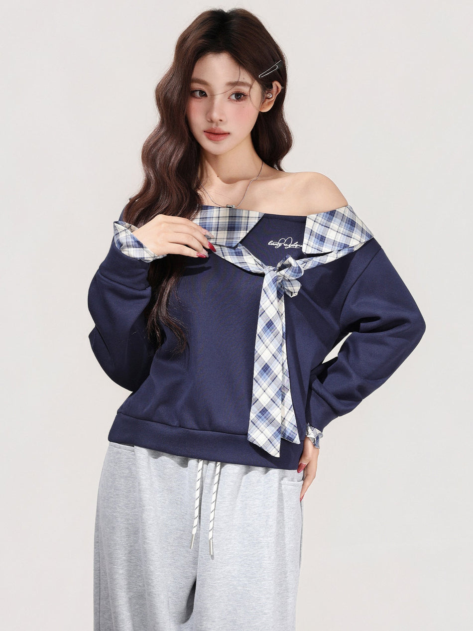 Women’s Blue Off-Shoulder Plaid Bow Sweatshirt Top