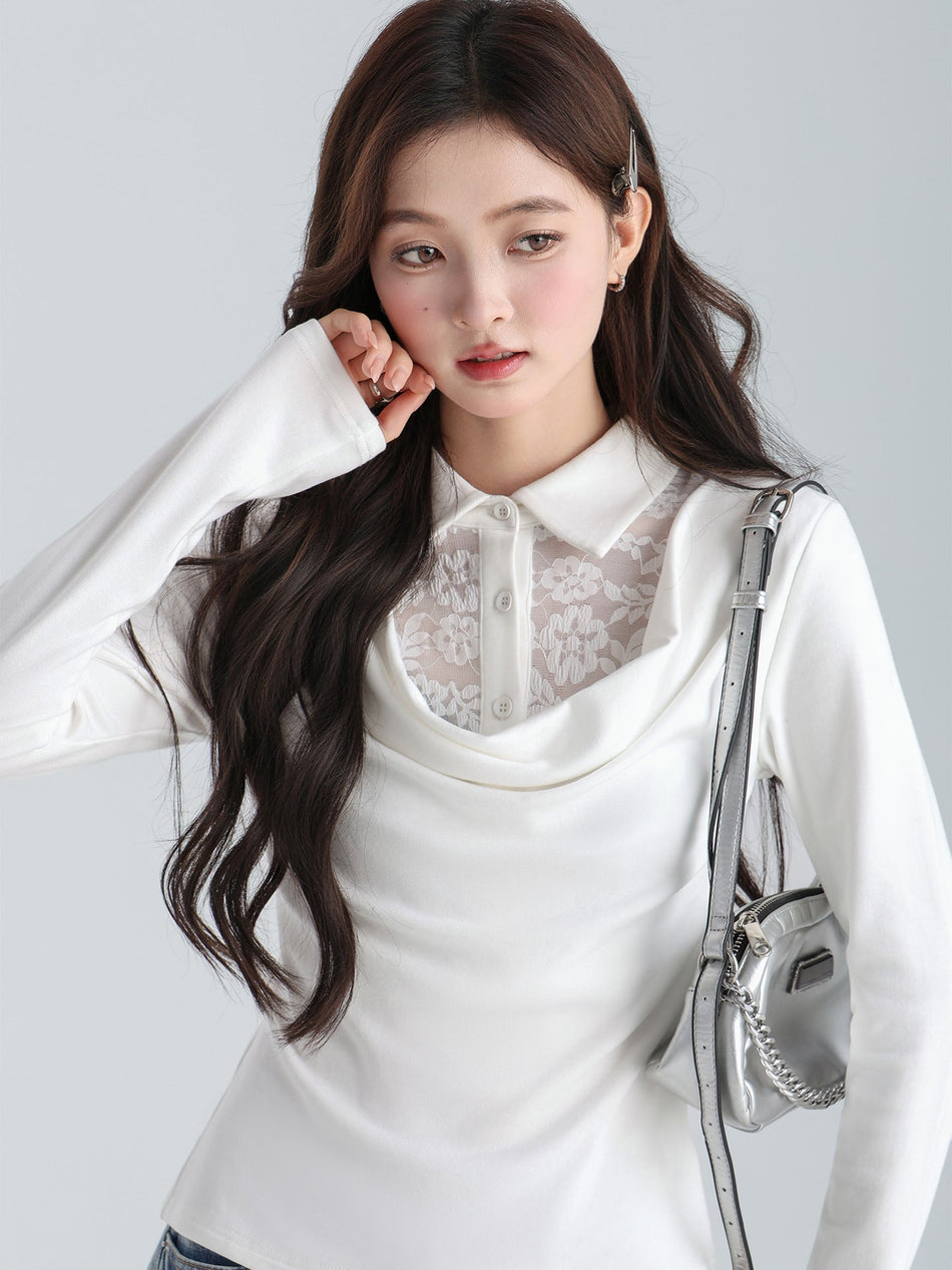 Women’s Lace Polo Collar Slim Fit Long Sleeve Top
