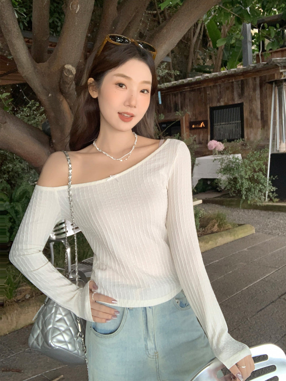 Women’s One-Shoulder Bow Slim Fit Long Sleeve Top