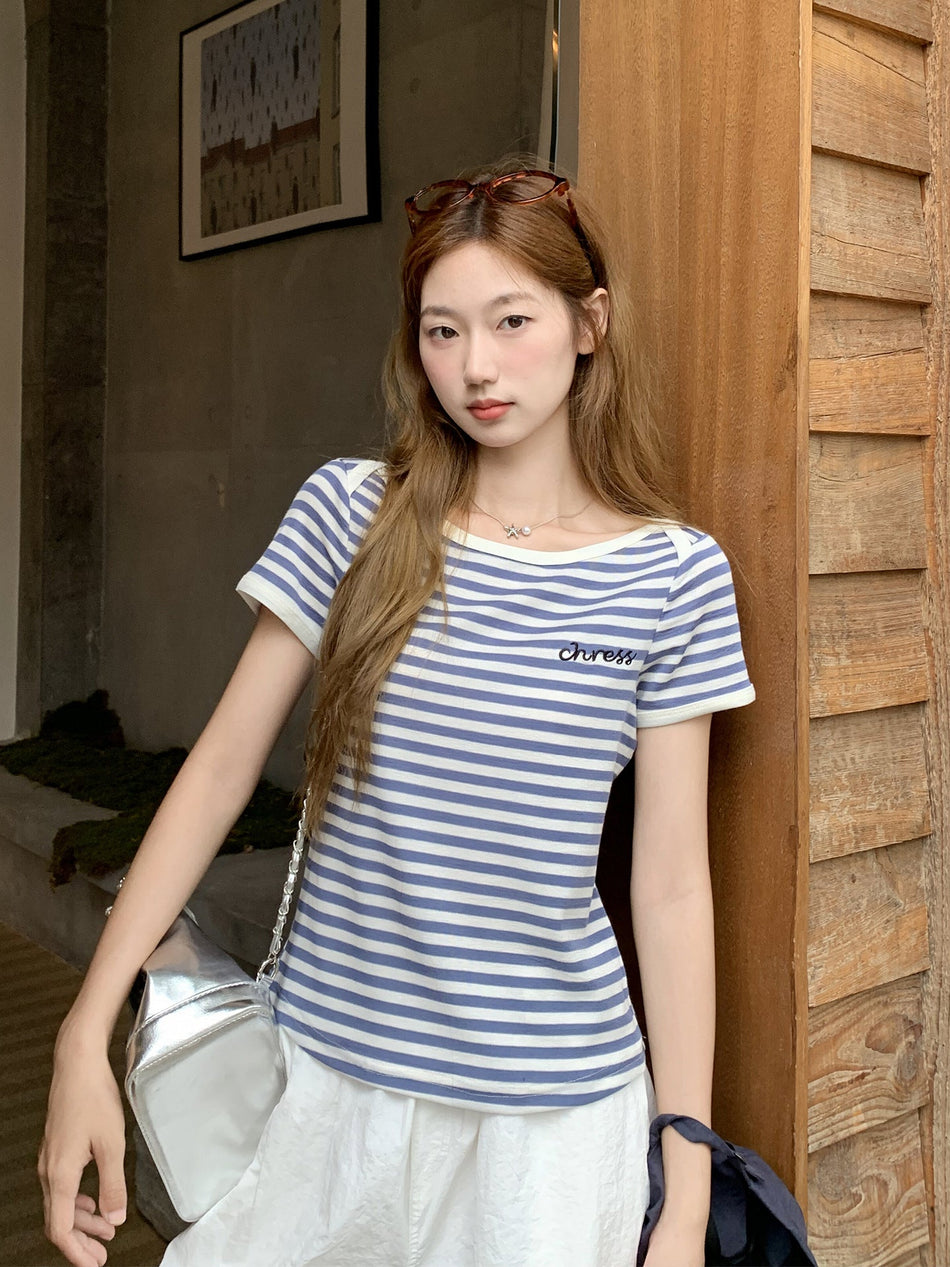 Women’s Striped Contrast Embroidered Summer T-Shirt