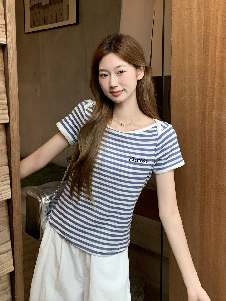 Women’s Striped Contrast Embroidered Summer T-Shirt