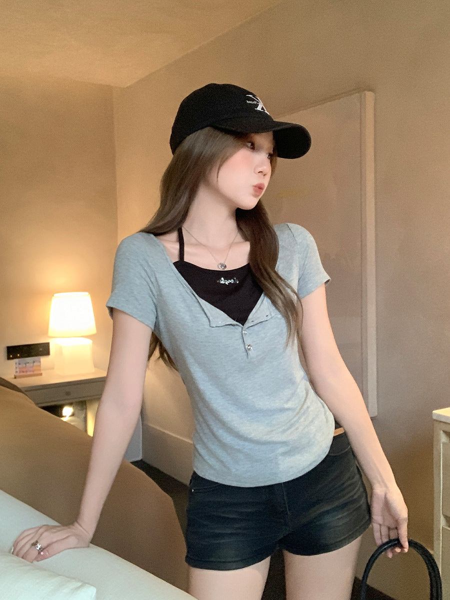 Women’s Tie-Up Two-Piece Look Slim Fit T-Shirt