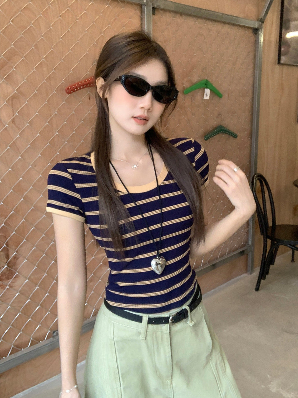 Women’s Retro Striped One-Shoulder Summer T-Shirt