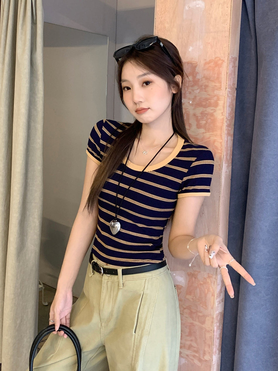 Women’s Retro Striped One-Shoulder Summer T-Shirt