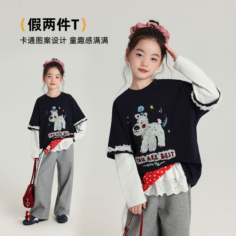 Pudding Haru Girls’ Cartoon Fake Two-Piece Long-Sleeve Tee – Kids Fashion Nepal | Tudoholic