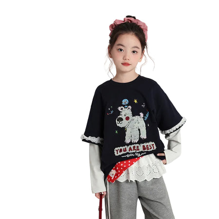 Pudding Haru Girls’ Cartoon Fake Two-Piece Long-Sleeve Tee – Kids Fashion Nepal | Tudoholic