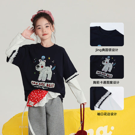 Pudding Haru Girls’ Cartoon Fake Two-Piece Long-Sleeve Tee – Kids Fashion Nepal | Tudoholic