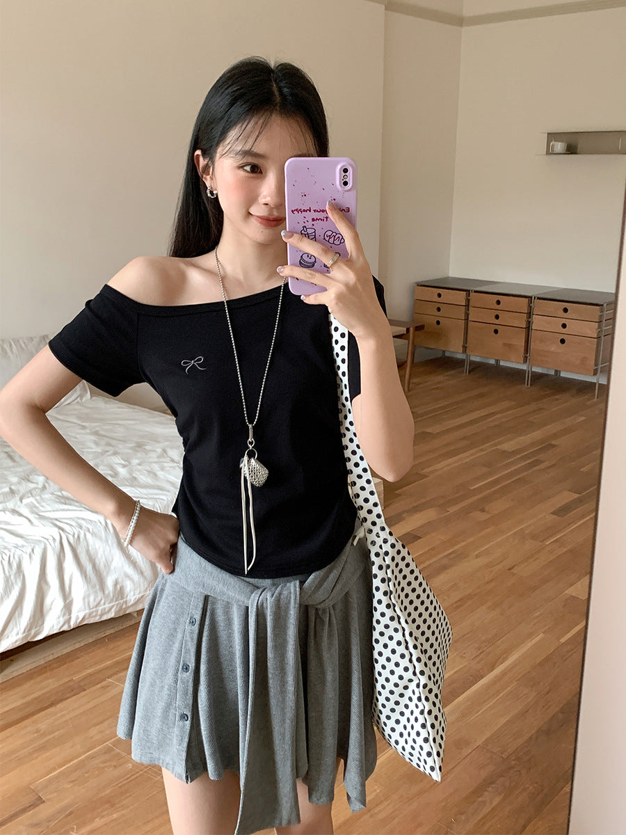 Women’s Slant Shoulder Slim Fit Pleated T-Shirt