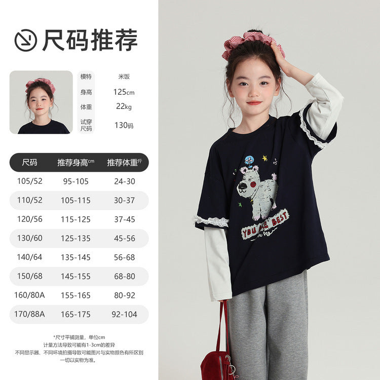 Pudding Haru Girls’ Cartoon Fake Two-Piece Long-Sleeve Tee – Kids Fashion Nepal | Tudoholic